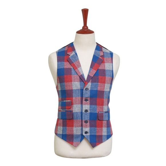 Mens Vest 44R Plaid Blue Red Gray Wool Lapel Waistcoat Formal Wedding Party